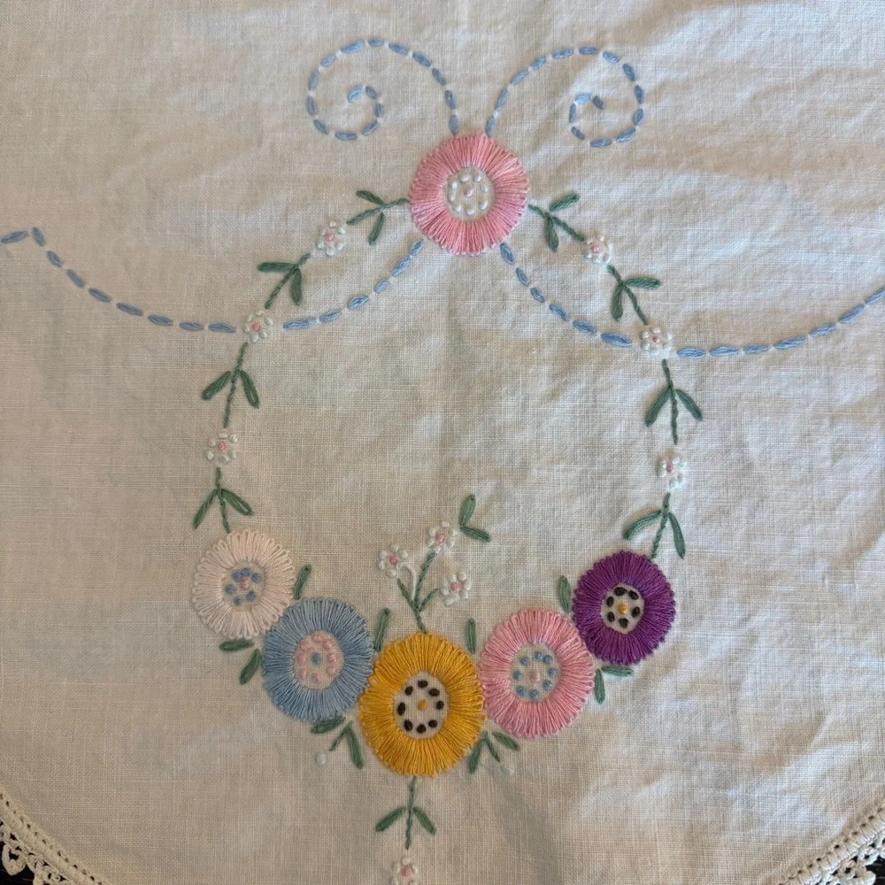 Vintage Hand‎ Embroidered 31x33” Round Centerpiece Doily Tablecloth Floral White